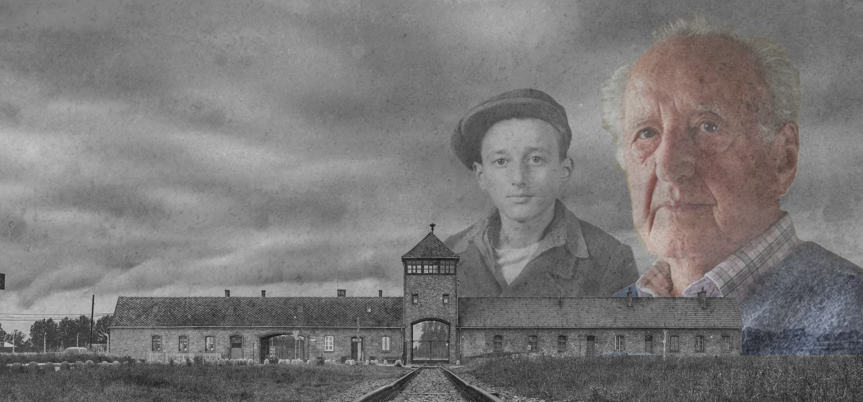 An image showing Ivor Perl BEM as both a child and an old man set against a backdrop of Auschwitz. 